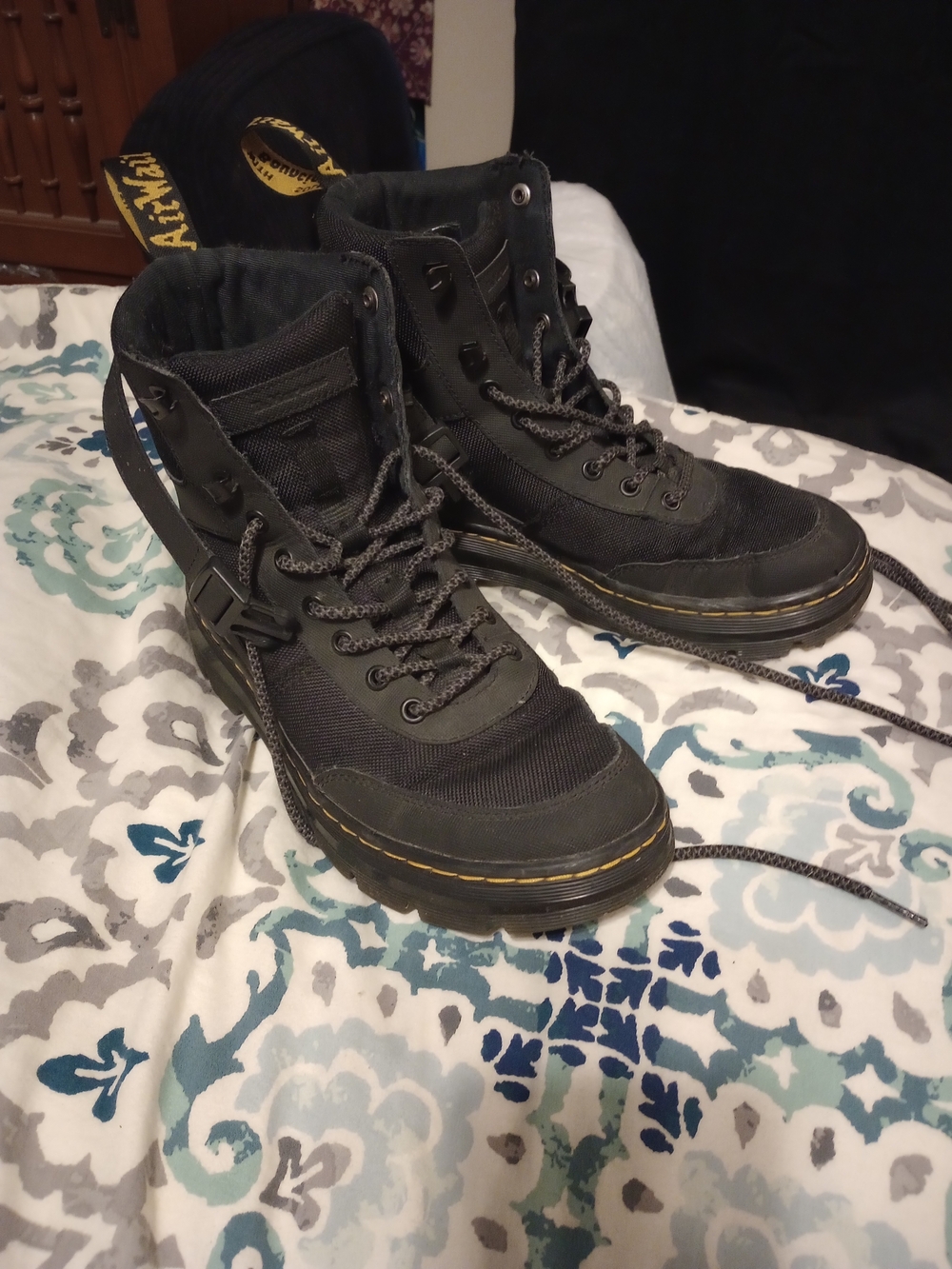 Dr. Martens Black Lace-Up Combat Boots with Yellow Stitching Women Size 8 Mens 9